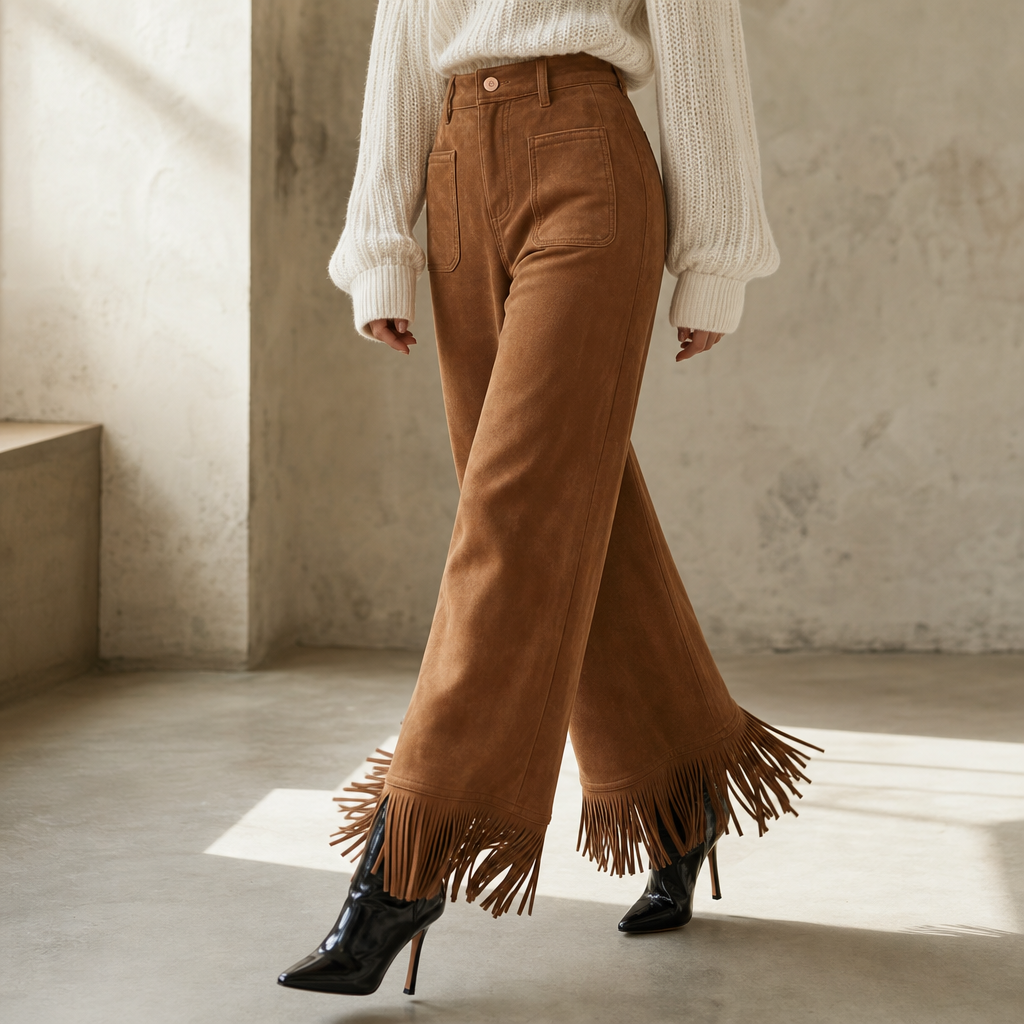 Suevera – Chic Fringe Accented Suede-Look Wide Leg Trousers