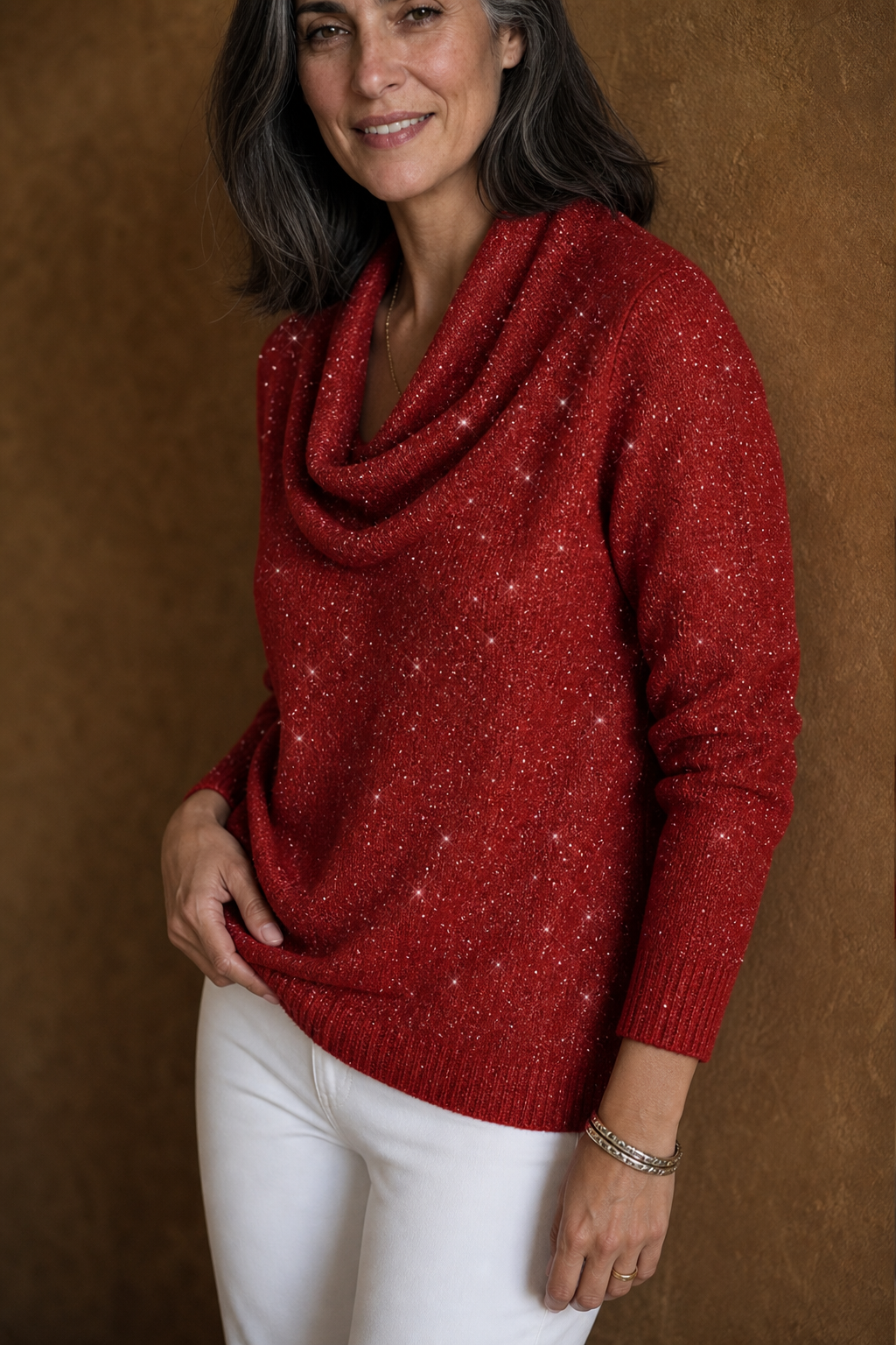 Sparkle – Shimmer Cowl-Neck Long Sleeve Top