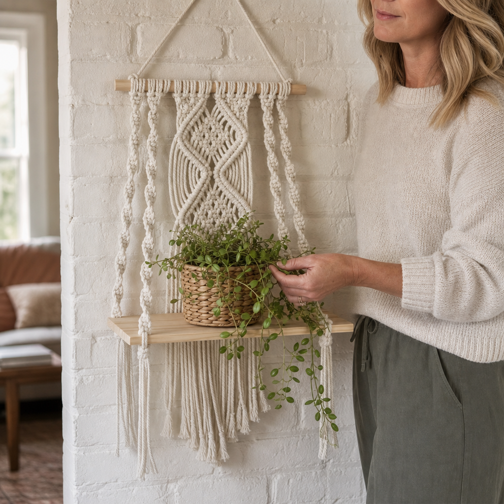 Woven Haven – Macramé Diamond Pattern Wooden Wall Shelf