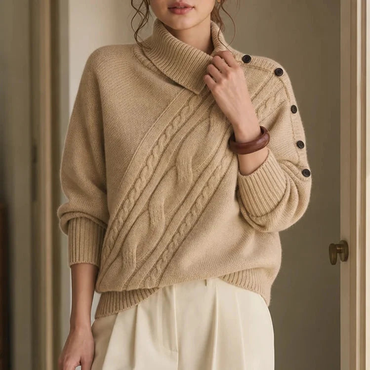 Cabledge – Diagonal Cable-Knit Button-Neck Sweater