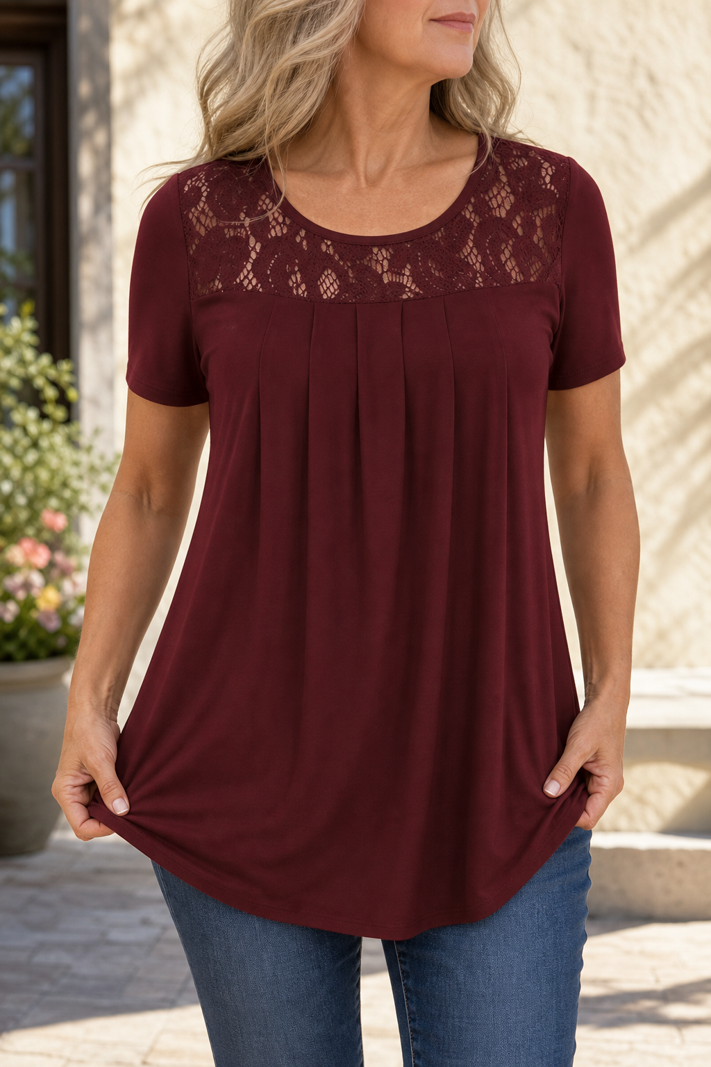 Wearbella – Floral Lace-Look Yoke Pleated Front Tee