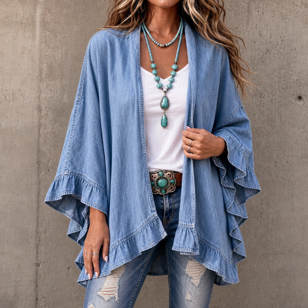 Ruffledenim – Ruffle-Trim Open-Front Denim Look Cardigan