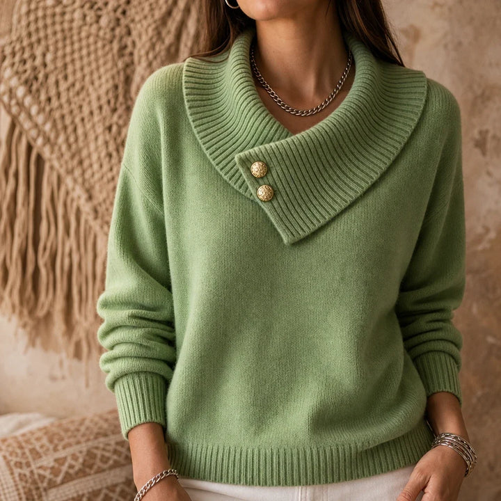 Foldelle – Asymmetrical Ribbed Collar Button Sweater