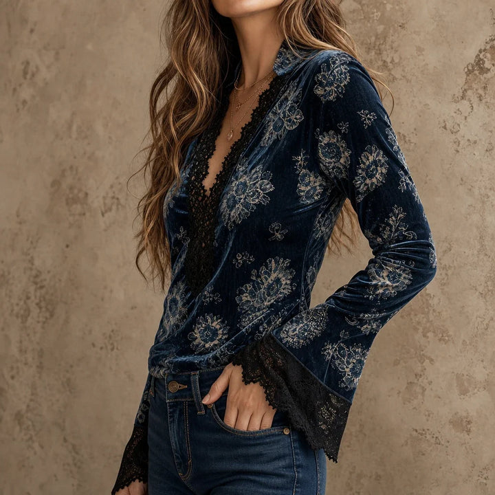 Velvette – Floral Velvet-Look Lace-Trim Bell-Sleeve Blouse