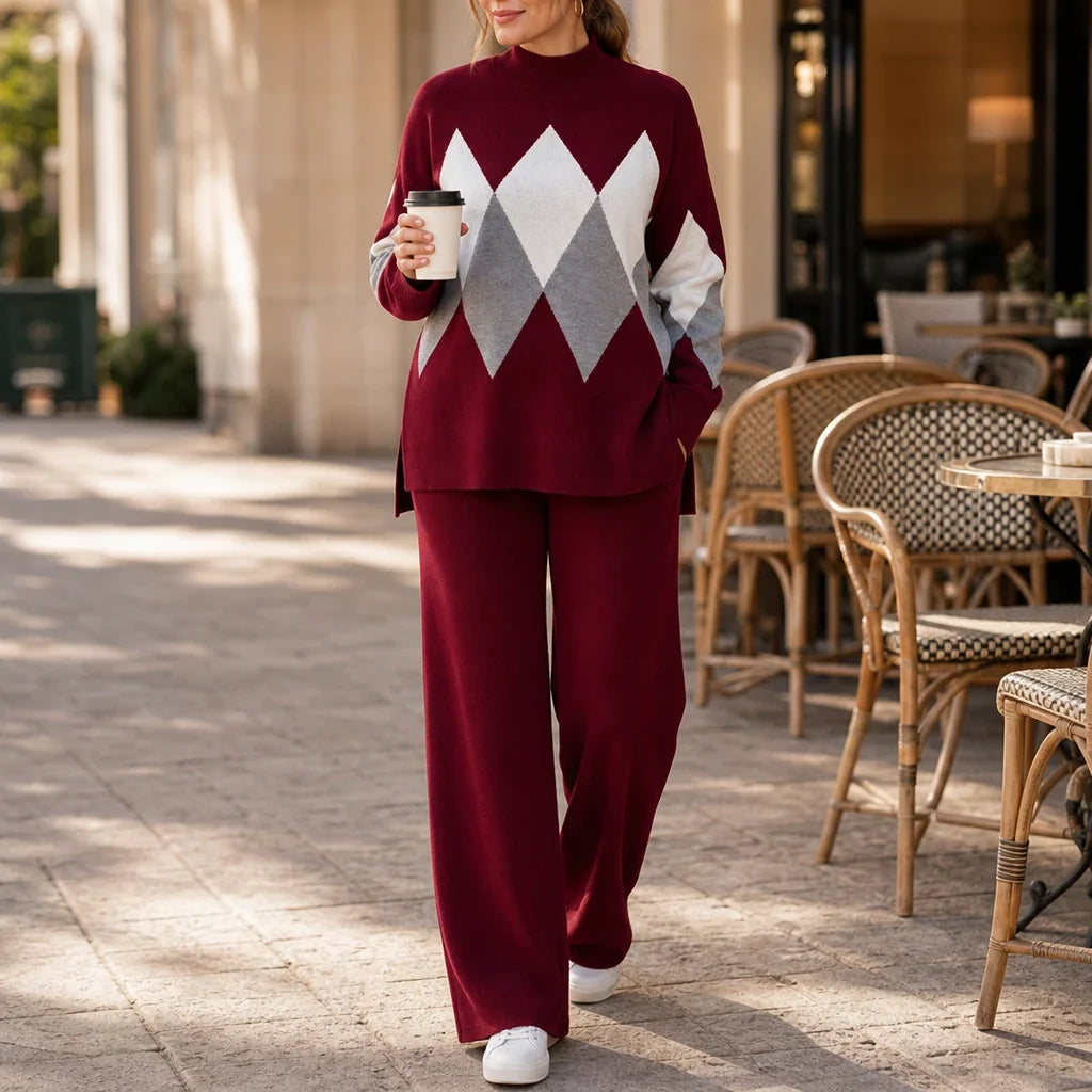 Argyle Ease – Argyle Knit Sweater And Wide-Leg Trouser Set