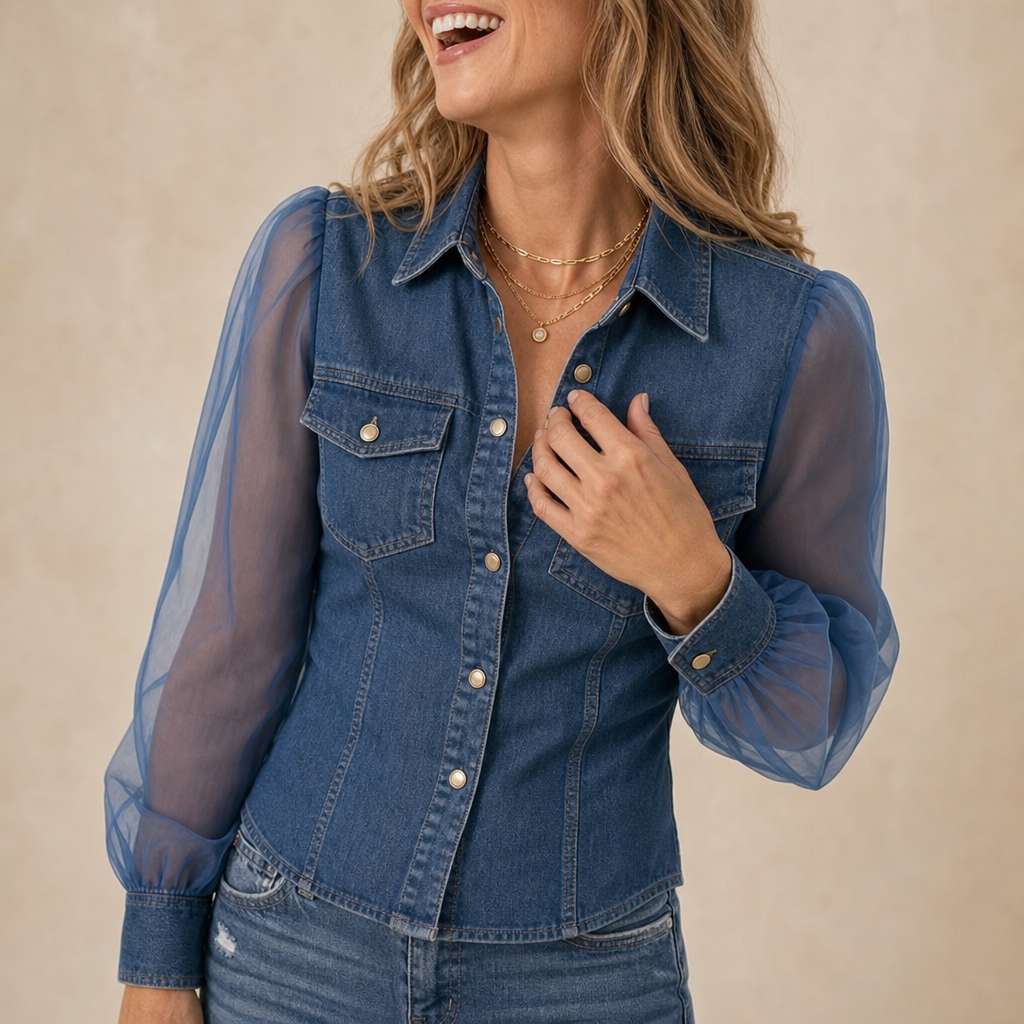 Wearbella – Sheer Puff Sleeve Denim Button-Up Shirt