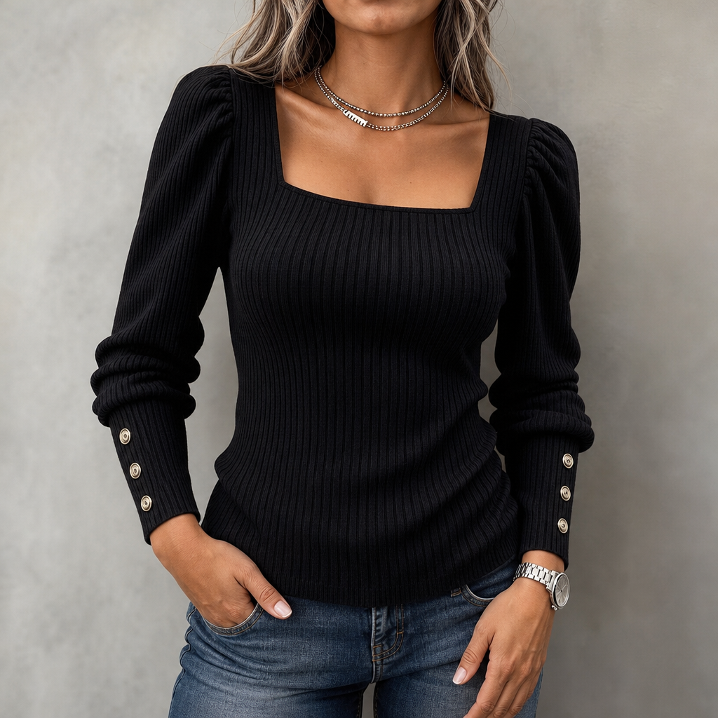 Square - Neck Puff-Sleeve Fitted Knit Top With Gold Cuff Buttons