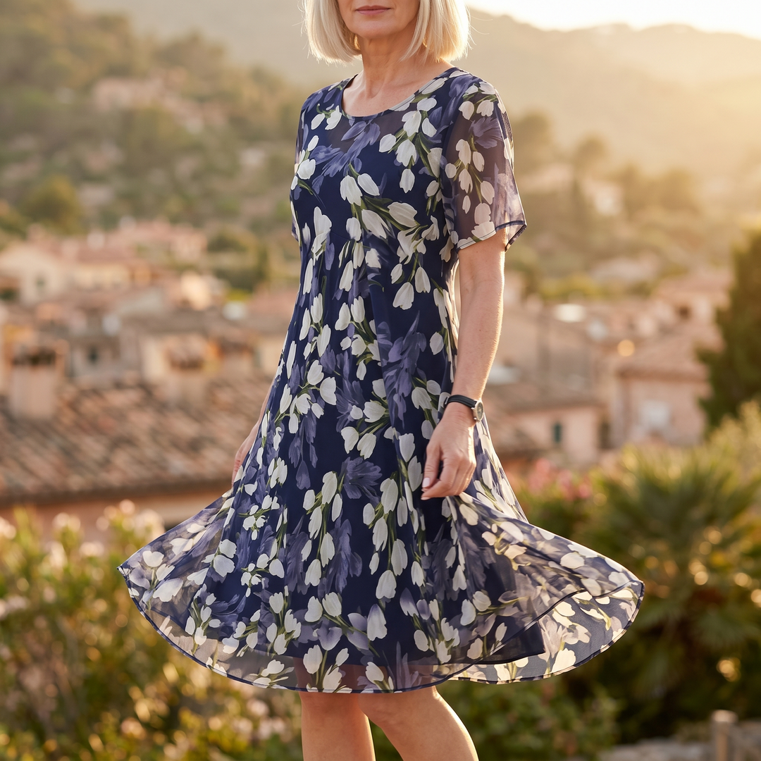 Florenza™ – Elegant Navy Floral Midi Dress