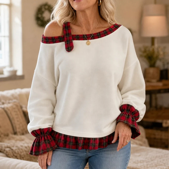 Plaidella – Plaid Ruffle Off-Shoulder Sweatshirt
