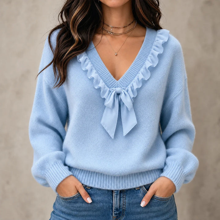 Chiffonelle – Bow-Front Ruffle-V-Neck Knit Top