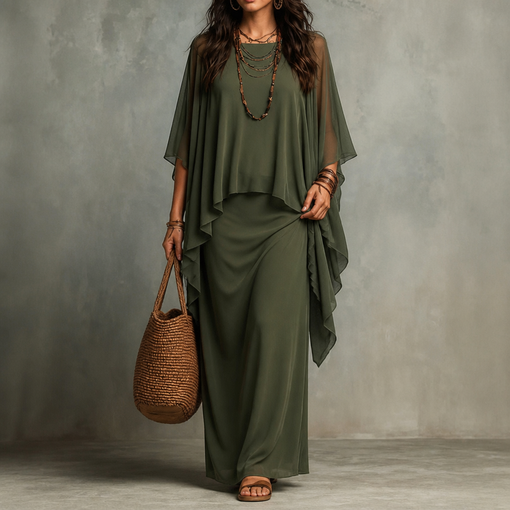 Draperie – Cape Sleeve Asymmetric Hem Maxi Dress