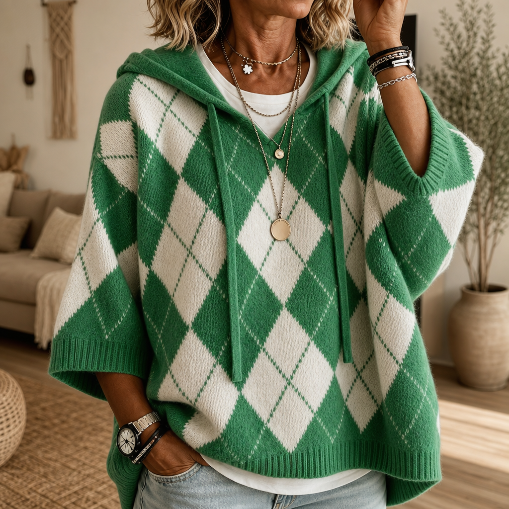 Wrapbella – Hooded Argyle Batwing Poncho Sweater