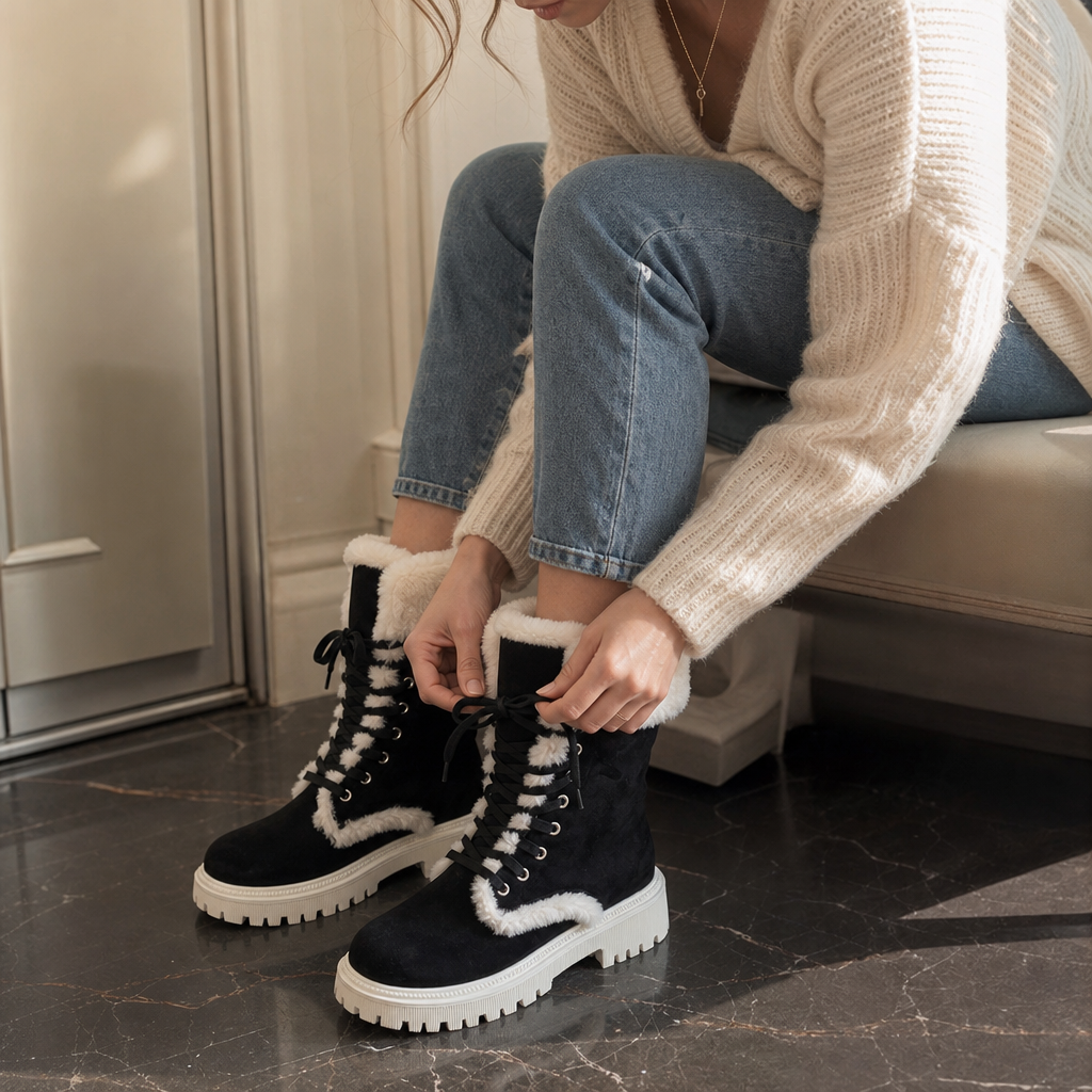 Velvara – Plush-Lined Lace-Up Mid-Calf Boots