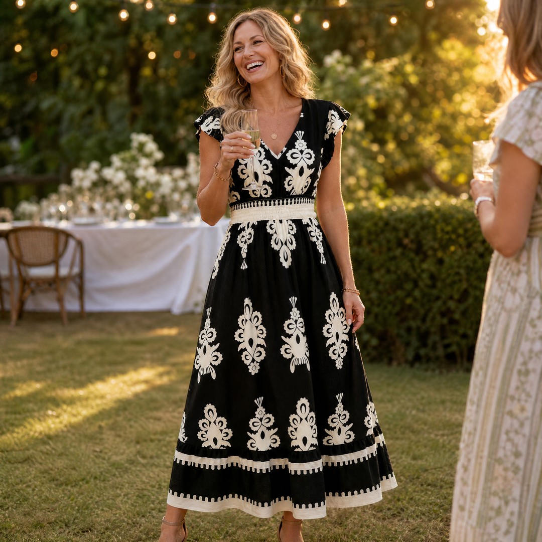 Osyrel™ – Damask Print Midi Dress with V-Neck
