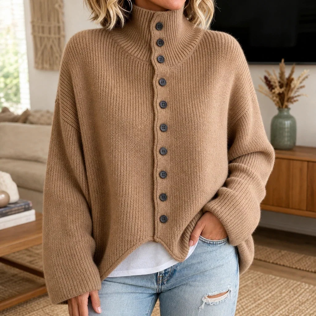 Sorella – Ribbed Asymmetric Button-Front Sweater