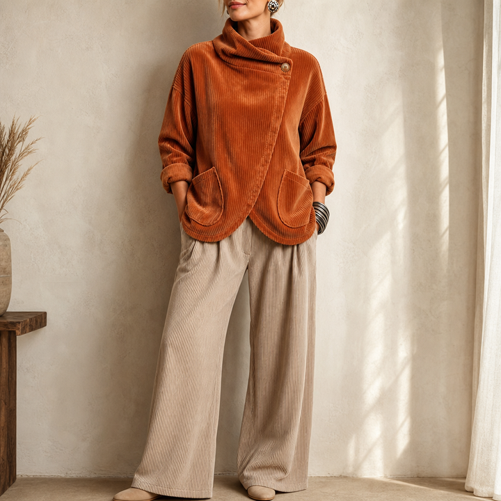 Draperie – Asymmetric Button-Wrap Corduroy Top