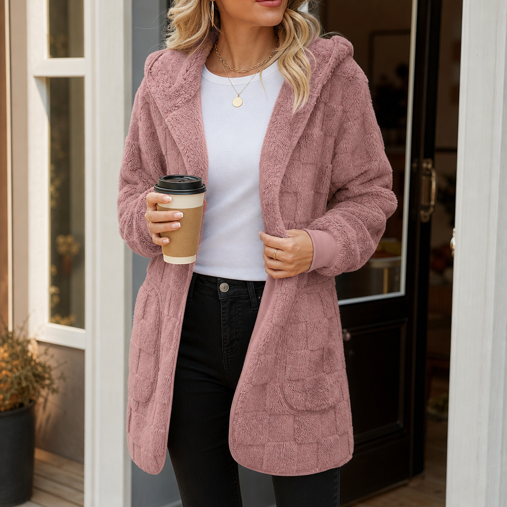 Checkora – Fluffy Checked Open-Front Cardigan