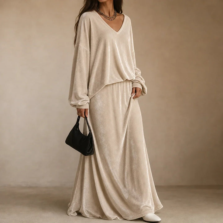 Veloura – Relaxed Velvet Top And Flared Maxi Skirt Set