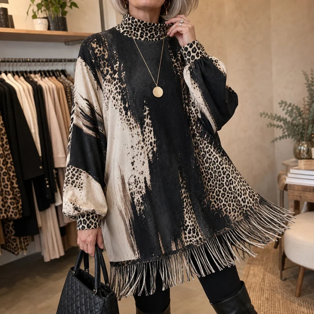 Leopard Swing – Leopard Print Fringe Hem Sweater Dress