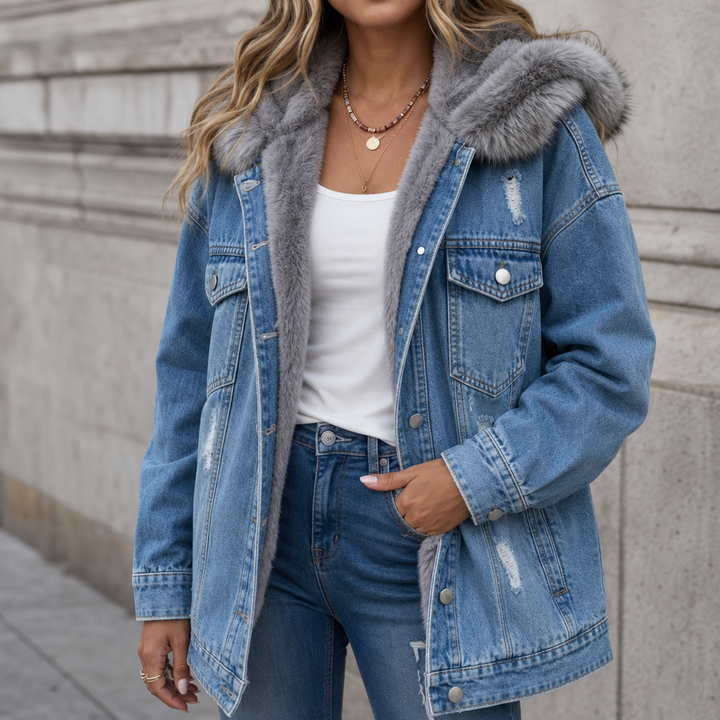 Wearbella – Fur-Collar Distressed Denim Jacket