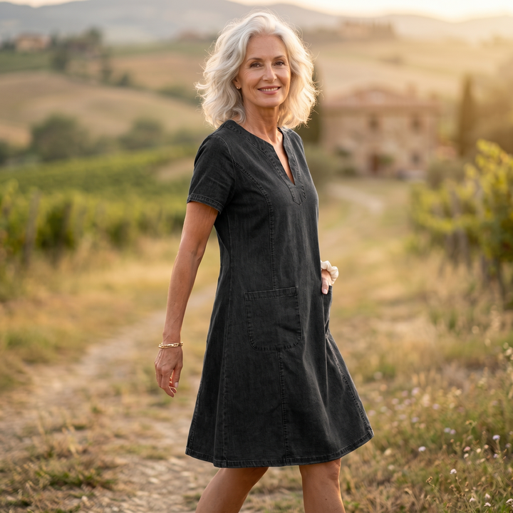 Aurelene™ – V-Neck Denim Dress with Pockets