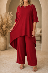 Lineve – Asymmetric Diagonal-Hem Top And Wide-Leg Pants Set