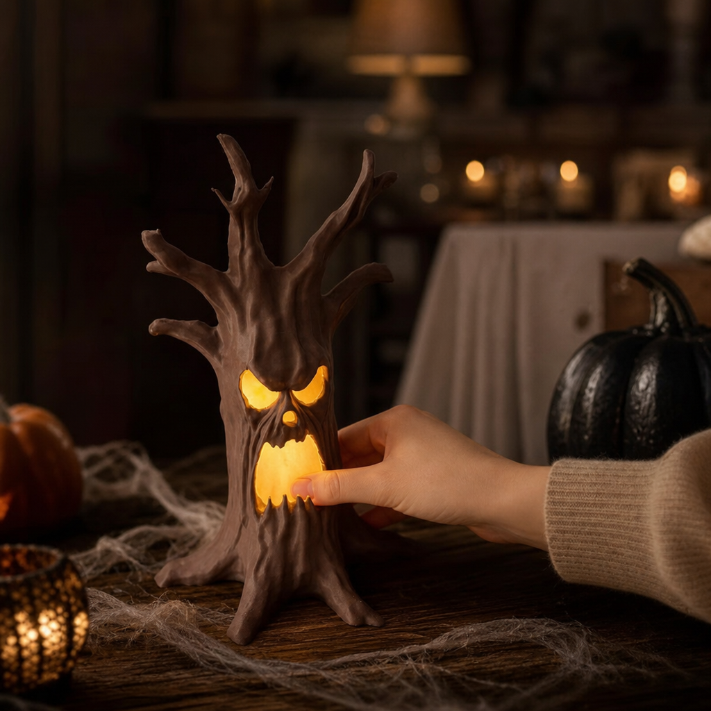 Hollowyn – Carved Face Glow-Through Tree Trunk