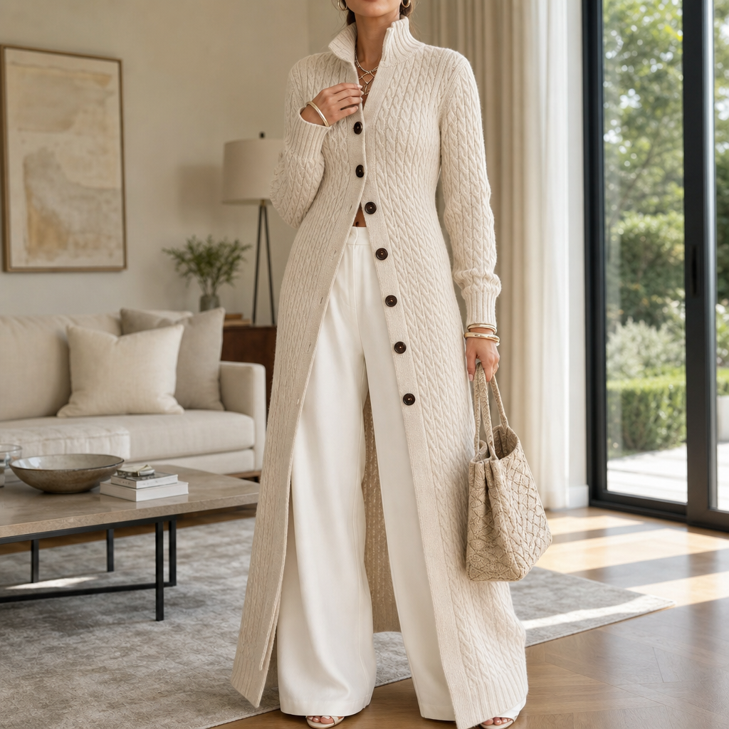 Cablewick – Vertical Cable-Knit Open-Front Duster Cardigan