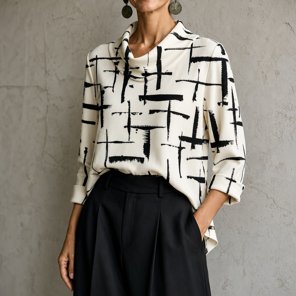 Cowlina – Cross-Print Cowl-Neck 3/4-Sleeve Blouse