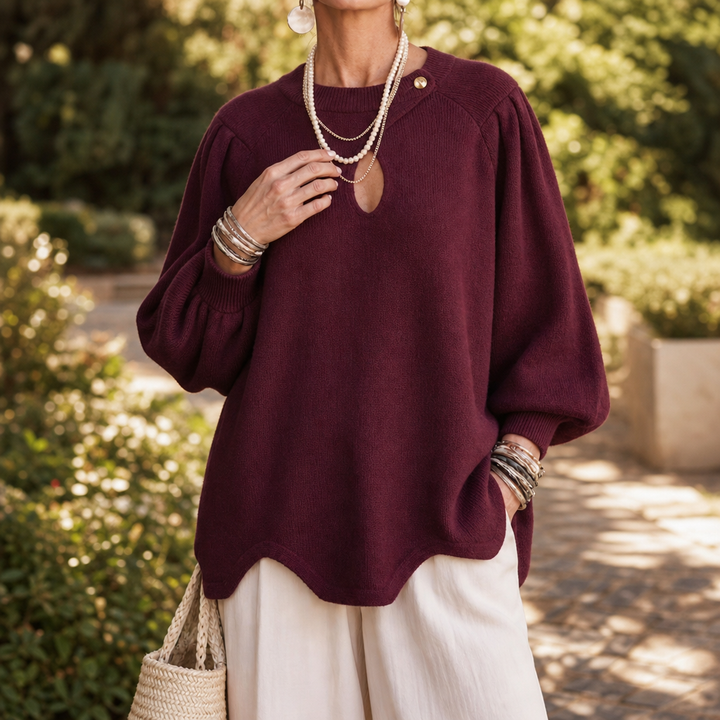Wearbella – Teardrop Cutout Lantern Sleeve Knit Top