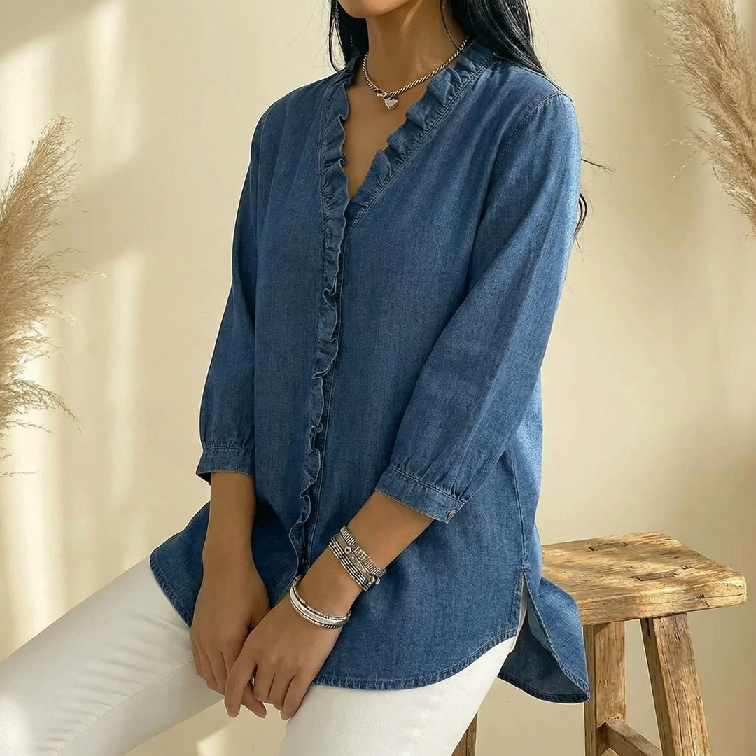 Vivara™ – Soft Ruffle V Neck Denim Blouse