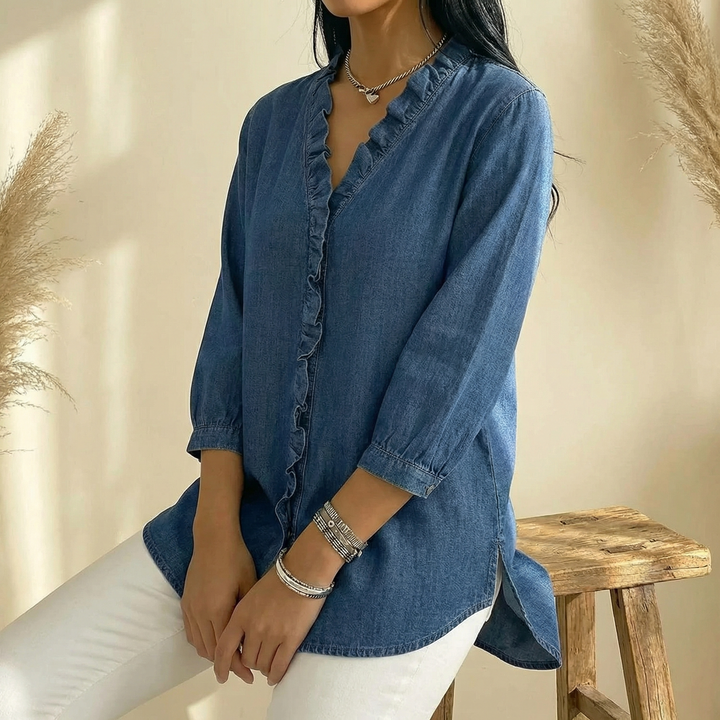 Vivara™ – Soft Ruffle V Neck Denim Blouse