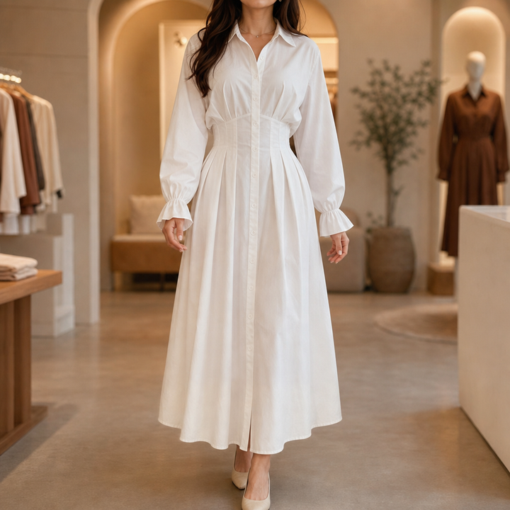 Wearbella – Pleated-Waist Belted Long-Sleeve Shirt Dress