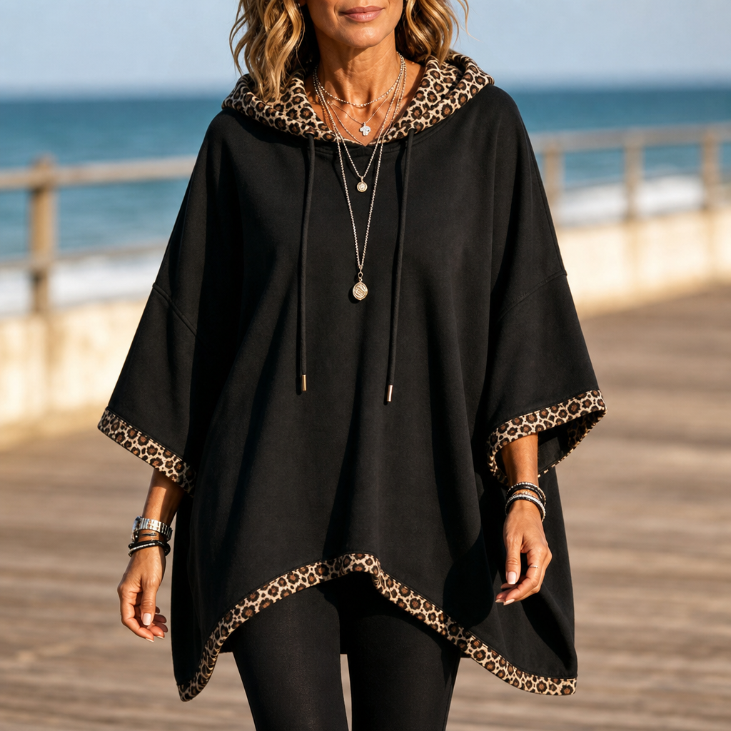 Wildelle – Leopard Trim Wide Sleeve Off-Shoulder Hoodie
