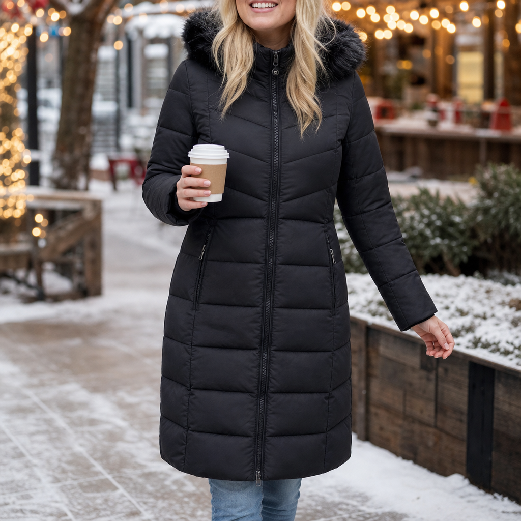Chevronwarm – Longline Puffer Coat With Fur Hood