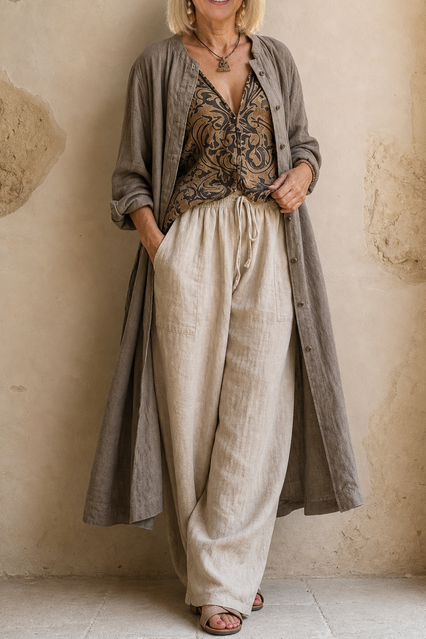 Wearbella – Ethnic Print Linen-Look Three-Piece Set