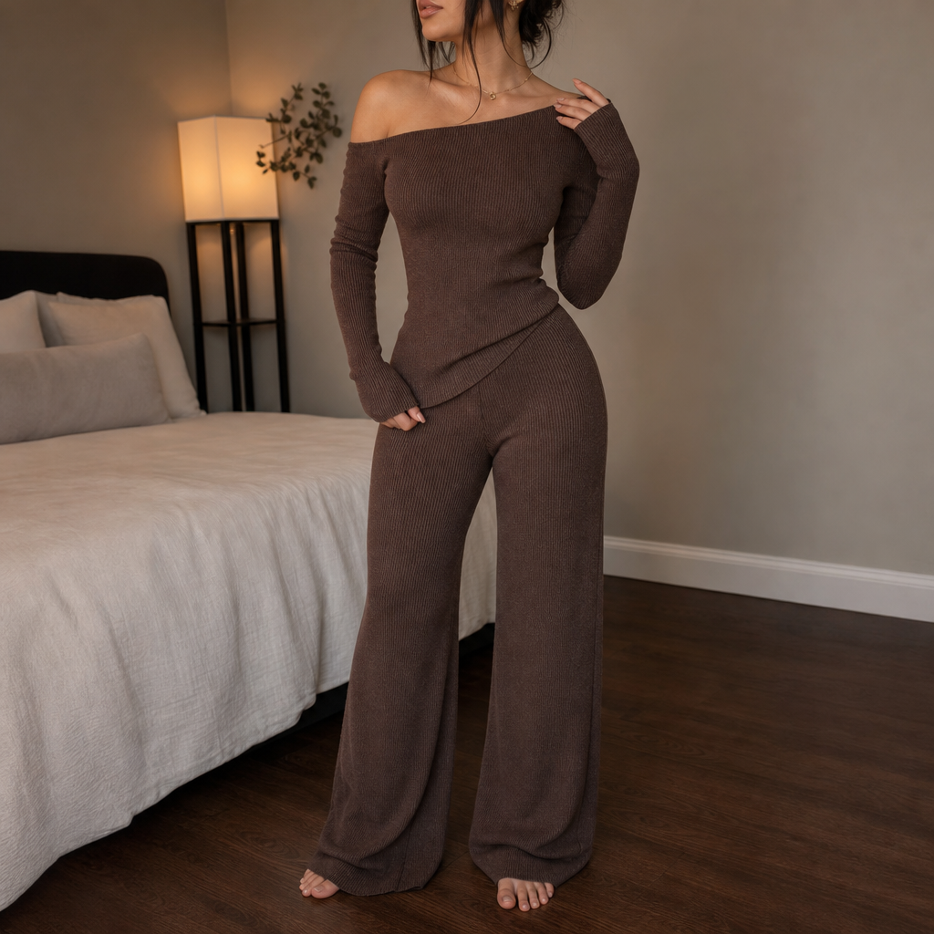 Veloura – Off-Shoulder Long-Sleeve Wide-Leg Pants Set
