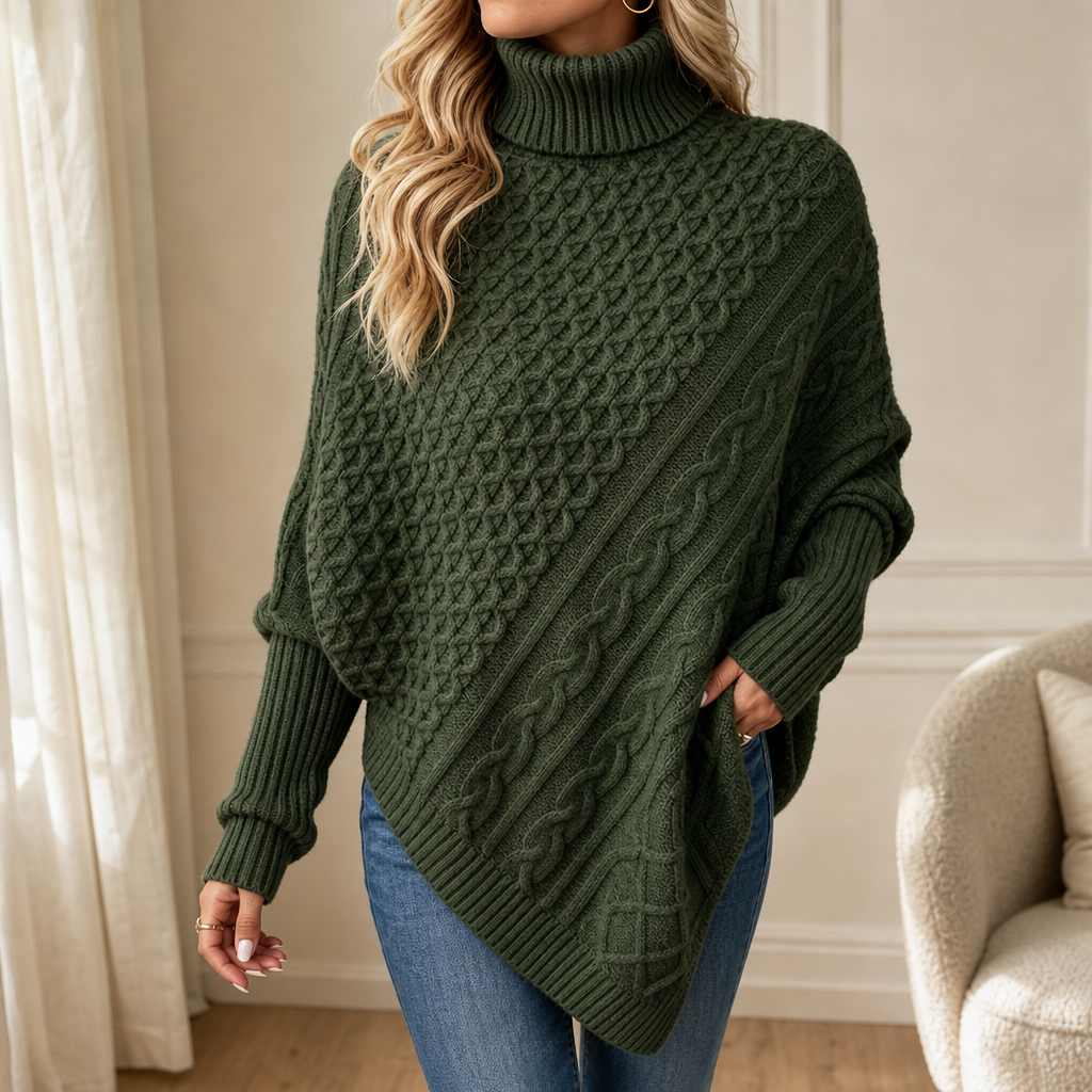 Cable & Cove – Cable-Knit Turtleneck Poncho Sweater