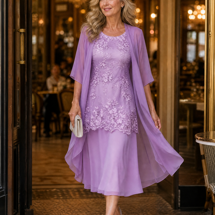 Lunavia™ Floral Lace Dress Set with Chiffon Shawl