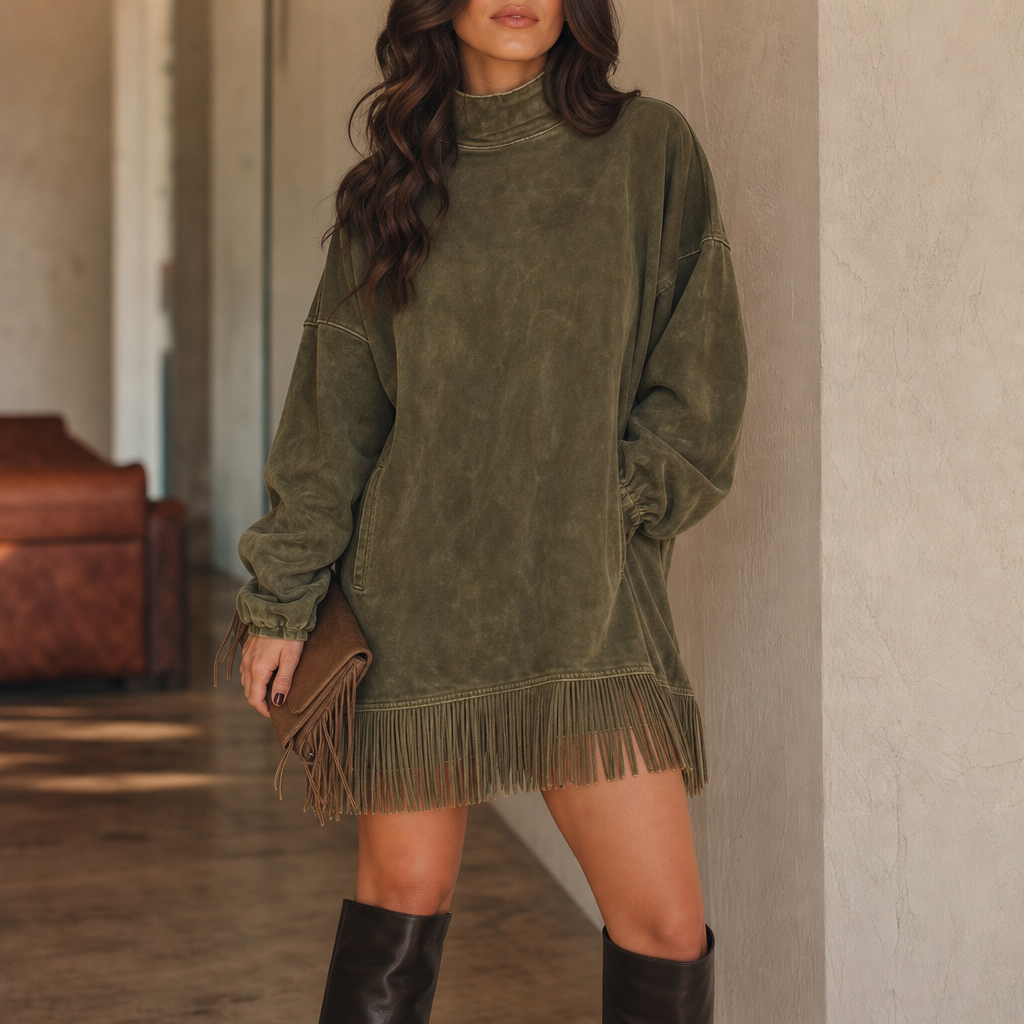 Swayelle – High-Neck Faux-Suede Fringe Mini Dress