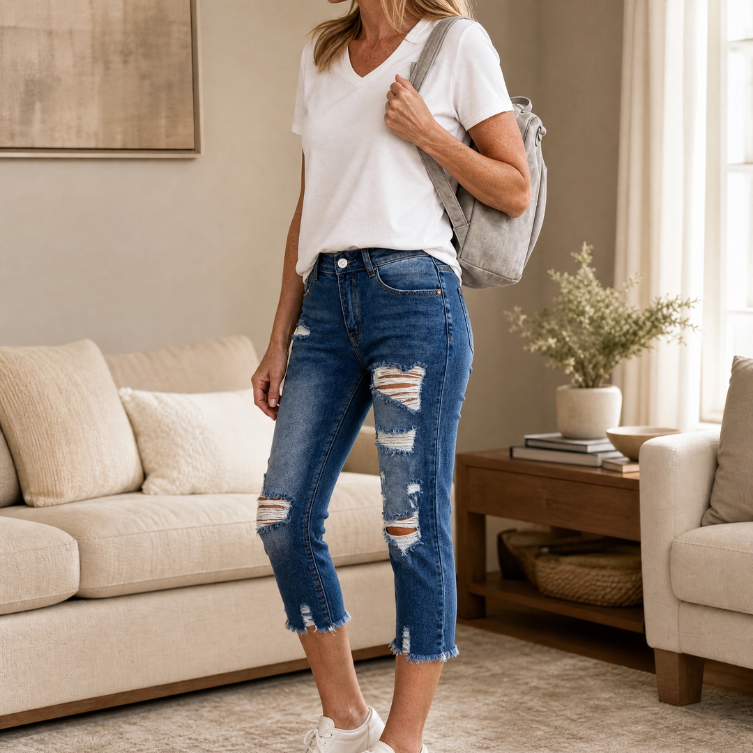 Delina™ – Soft Cotton Frayed-Hem Capri Jeans