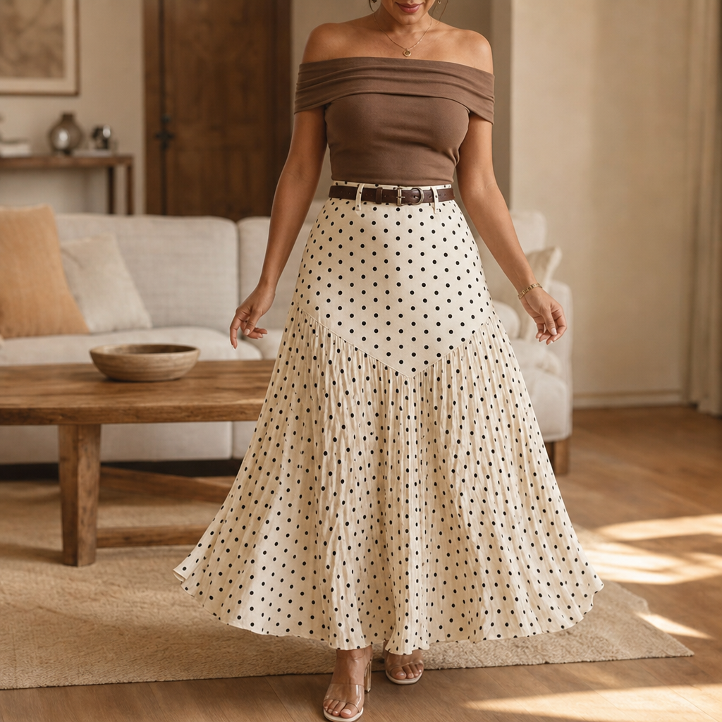Wearbella – Polka Dot Pleated A-Line Midi Skirt