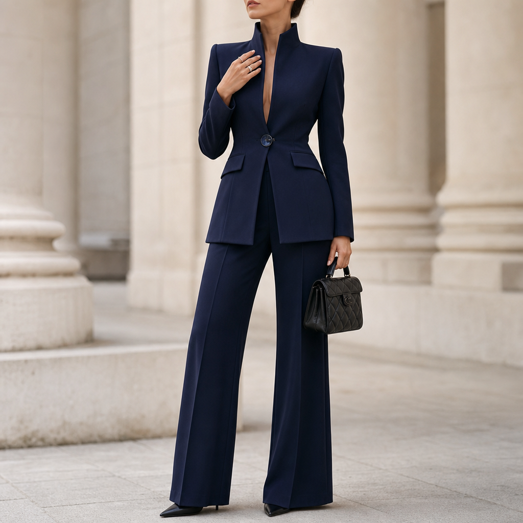 Wearbella – Stand Collar Peplum Blazer And Flare Pant Set