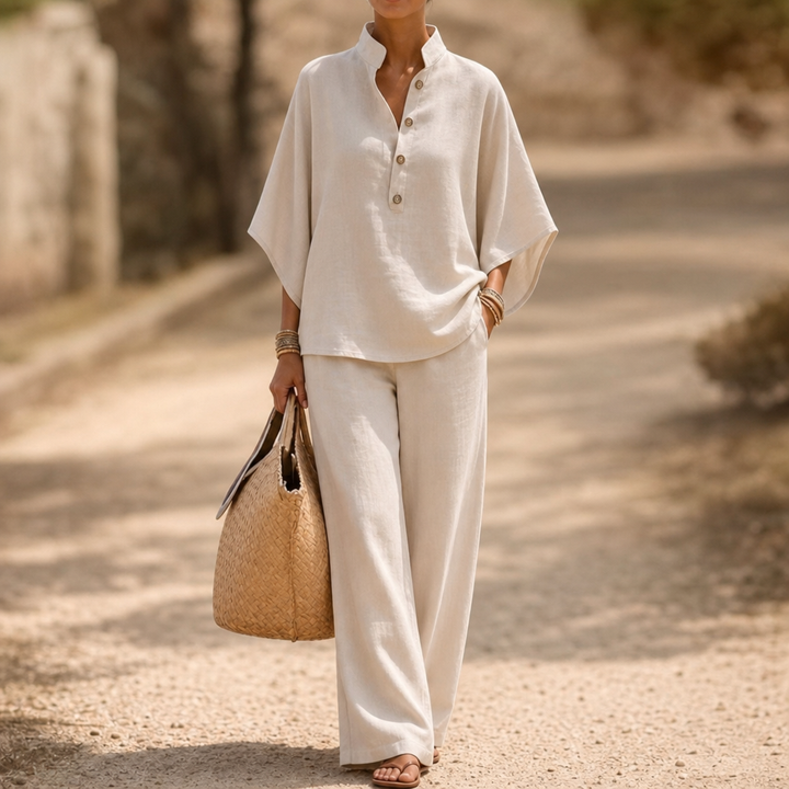 Wearlinne – Stand Collar Batwing Sleeve Linen Set