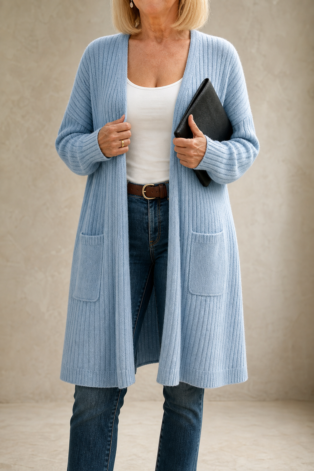 Cozelle – Ribbed Duster Open-Front Long Cardigan