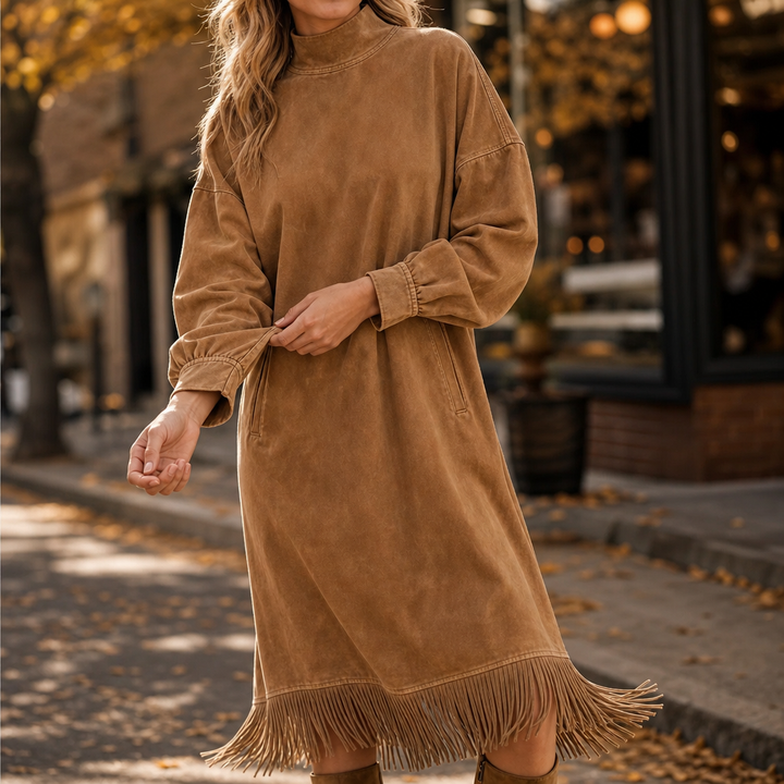 Tasselina – High-Neck Faux-Suede Tassel-Hem Dress