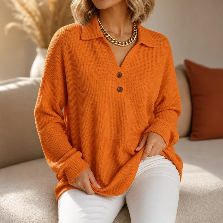 Autumnelle – Waffle-Textured Long-Sleeve V-Neck Blouse