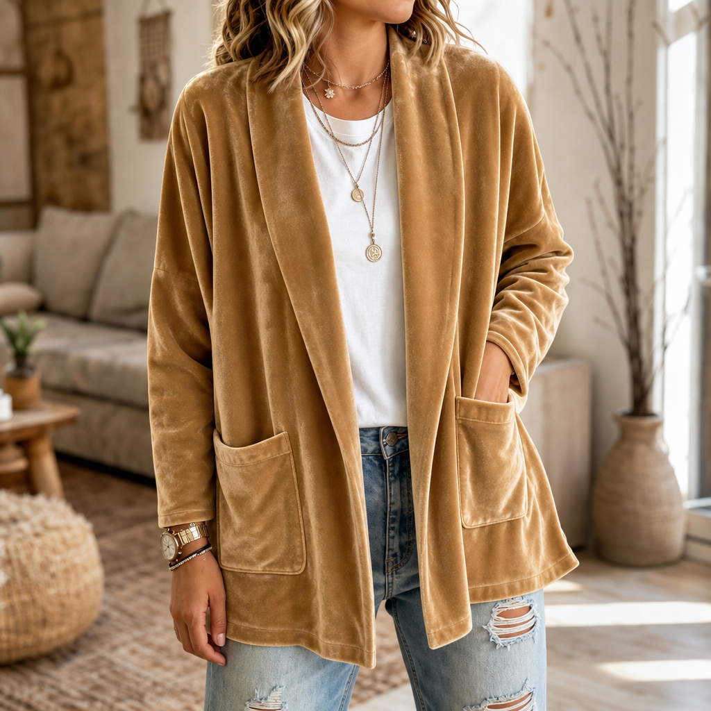 Velvetelle – Textured Velvet Shawl-Collar Open-Front Cardigan