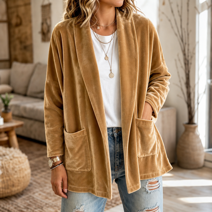 Velvetelle – Textured Velvet Shawl-Collar Open-Front Cardigan