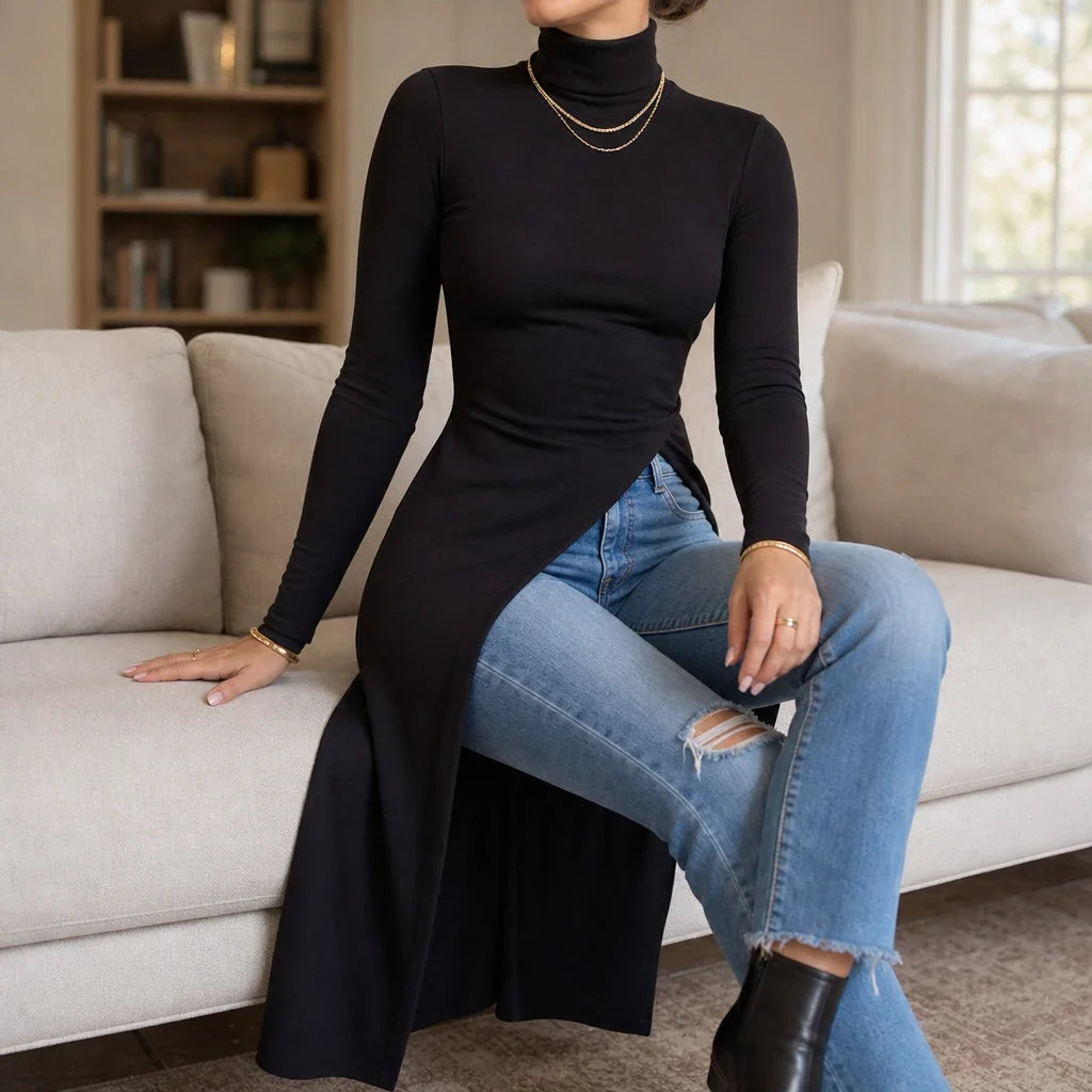 Slitwell – High-Slit Turtleneck Knit Tunic